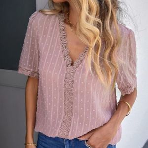 Dusty Pink Swiss Dot Lace Trim Short Sleeve Blouse V Neck Plunge Top Size 2XL